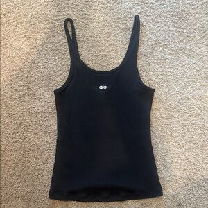 ALO Yoga Black Ribbed Tank Top with White Logo
